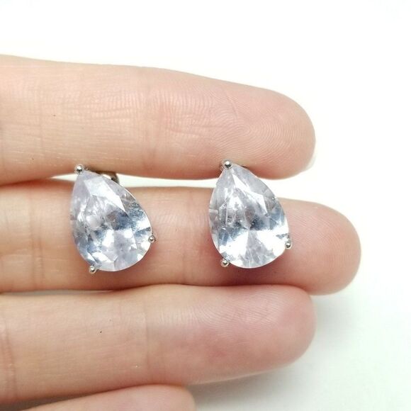 Vintage Pear Drop Shape Stud Earrings, Clear Rhinestone and Silver Tone Setting - Picture 1 of 6